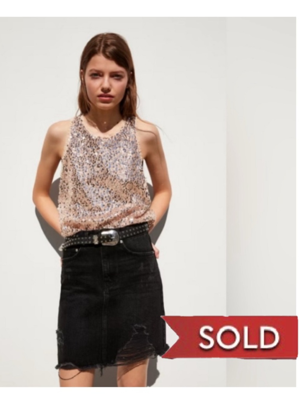NWOT Zara TOP Neutral LARGE Pink Beige Sequin Sleeveless Tank Glam Party